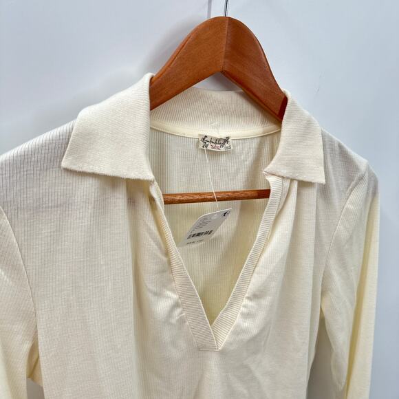 FREE PEOPLE NWT Do It Right Ribbed Long Sleeve Collar Bodysuit in Ivory // Large - Picture 9 of 12